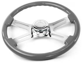 Sw-4spokegy National Truck Parts 18 Inch Grey Steering Wheel 4 Chrome Spoke Peterbilt Kenworth Freightliner Intern