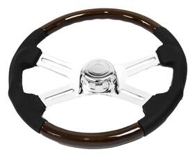 Sw-4spokesp National Truck Parts 18 Inch Wood Leather Steering Wheel 4 Chrome Spoke Peterbilt Kenworth Freightliner