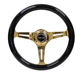 St-015cg-bk Nrg Innovations Classic Wood Grain Steering Wheel 350mm Black Grip With Chrome Gold 3-spoke C