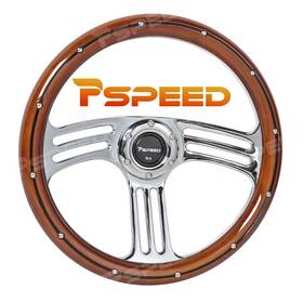 Hsz8980bebus-1 Pspeed 14 Inch 6-bolt Polished Real Wood Grip Steering Wheel Chrome Spoke For Car Truck