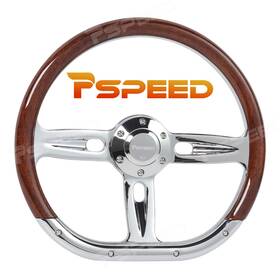 Hsz8984bebus-1 Pspeed D-shape 14 Inch Polished Real Wood Steering Wheel Chrome Spoke 6-bolt For Car Truck