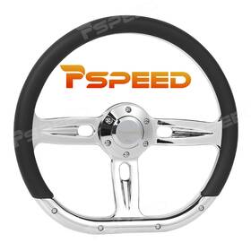 Pspeed Hsz8984chrmblkmfus-1 D-shape 14 Inch Chrome Spoke Steering Wheel 6-bolt Black Leather Wrap For Car Truck