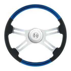United Pacific 88355 Indigo Blue Leather/wood Steering Wheel With Horn Bezel And Button