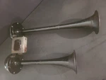 Tested Good Vtg 21.5" Long Twin Double Autolite Trumpet Electric Horn HT-4011. Fixed Price $80.00.