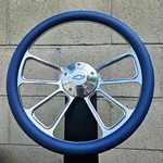 14" Billet Spoke Steering Wheel W/ Blue Vinyl Wrap And Licensed Chevy Horn. Fixed Price $175.99.