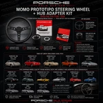 Porsche Momo Prototipo Classic Performance Steering Wheel + Hub Adapter. Fixed Price $700.00.