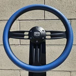 14" Matte Black Steering Wheel W/ Blue Vinyl Half Wrap, & Forever Sharp Horn. Fixed Price $130.87.