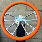 14" Billet Spoke Steering Wheel W/ Orange Vinyl Half Wrap/ Forever Sharp Horn. Fixed Price $150.99.