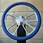 14" Billet Spoke Steering Wheel W/ Blue Vinyl Half Wrap And Forever Sharp Horn. Fixed Price $150.99.