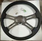 Qympay 18" Leather Truck Steering Wheel, 4-SPOKE Aluminum Chrome. Fixed Price $100.00.