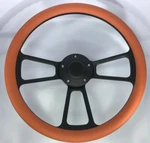 14" Black 5 Hole Billet Steering Wheel (orange Half Wrap Grip & Horn Button). Fixed Price $130.87.